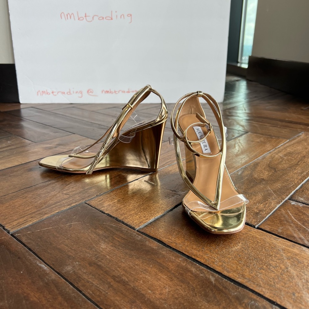Aquazzura glossy gold metallic leather size 8M(38) strappy wedge heel sandals - Picture 5 of 16